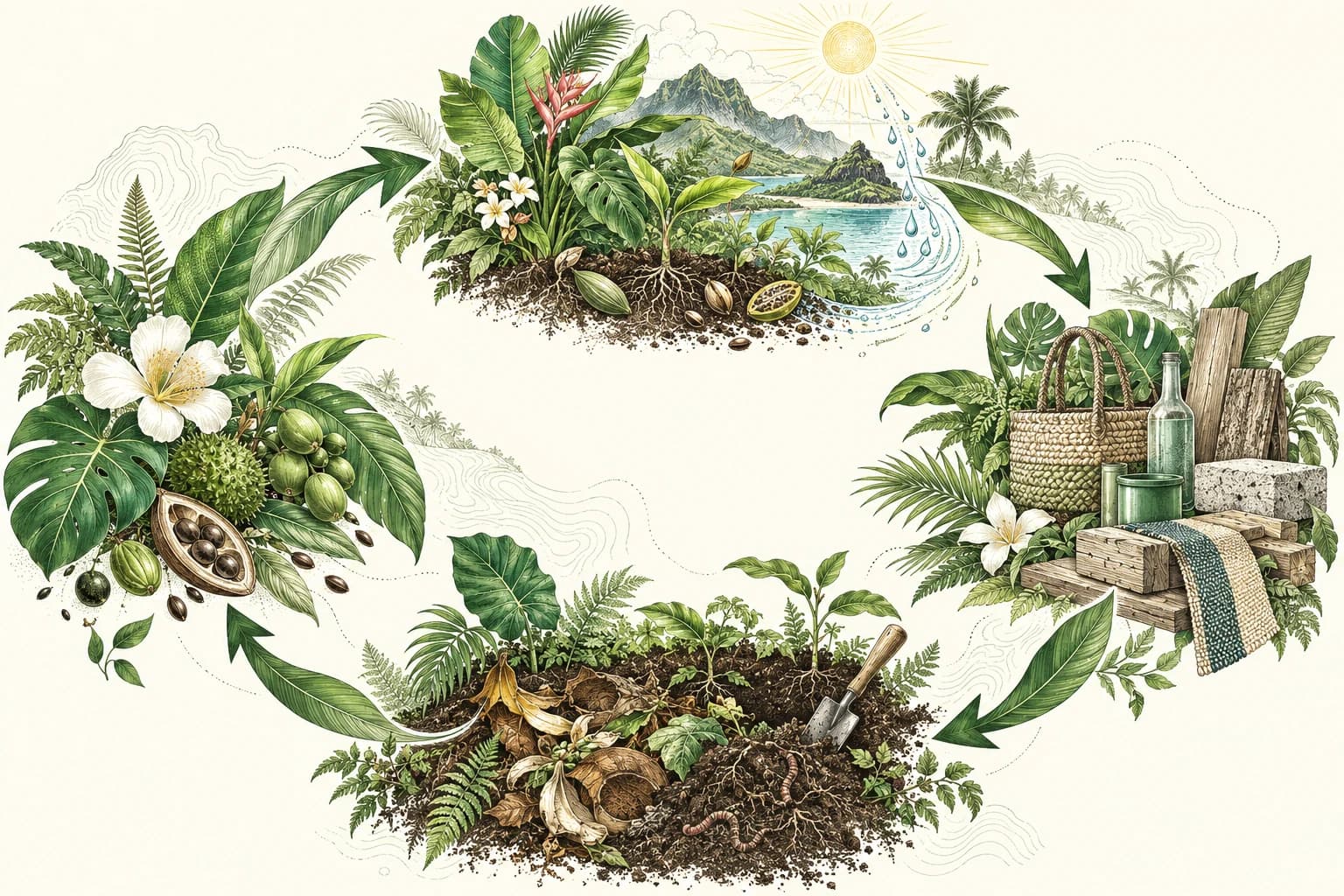 Illustration en quatre étapes : les plantes et les ressources locales nourrissent la production, les objets sont réemployés, puis les matières retournent au sol.