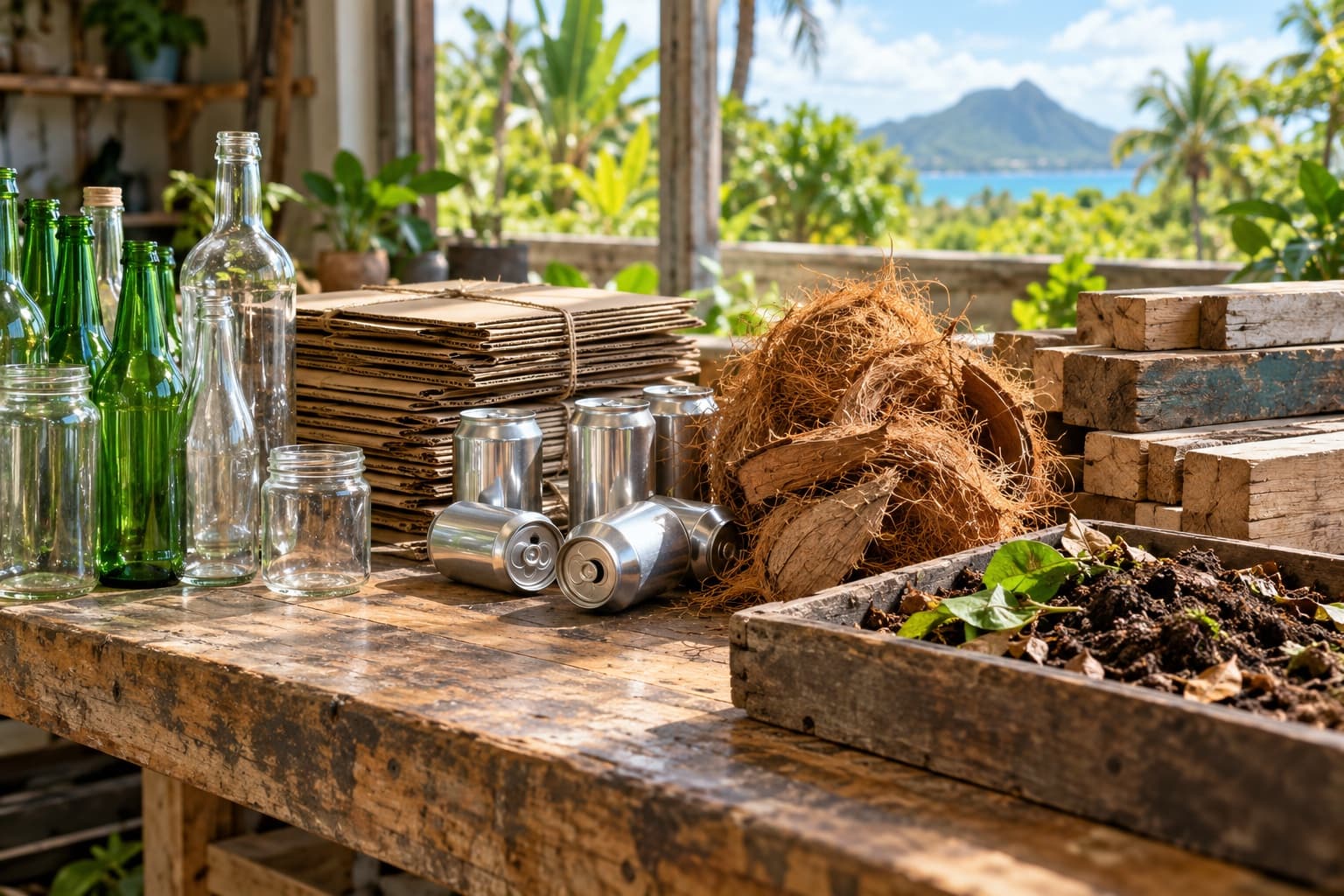 Bouteilles en verre, carton, aluminium, fibre de coco, bois réemployé et compost soigneusement triés dans un atelier mauricien.